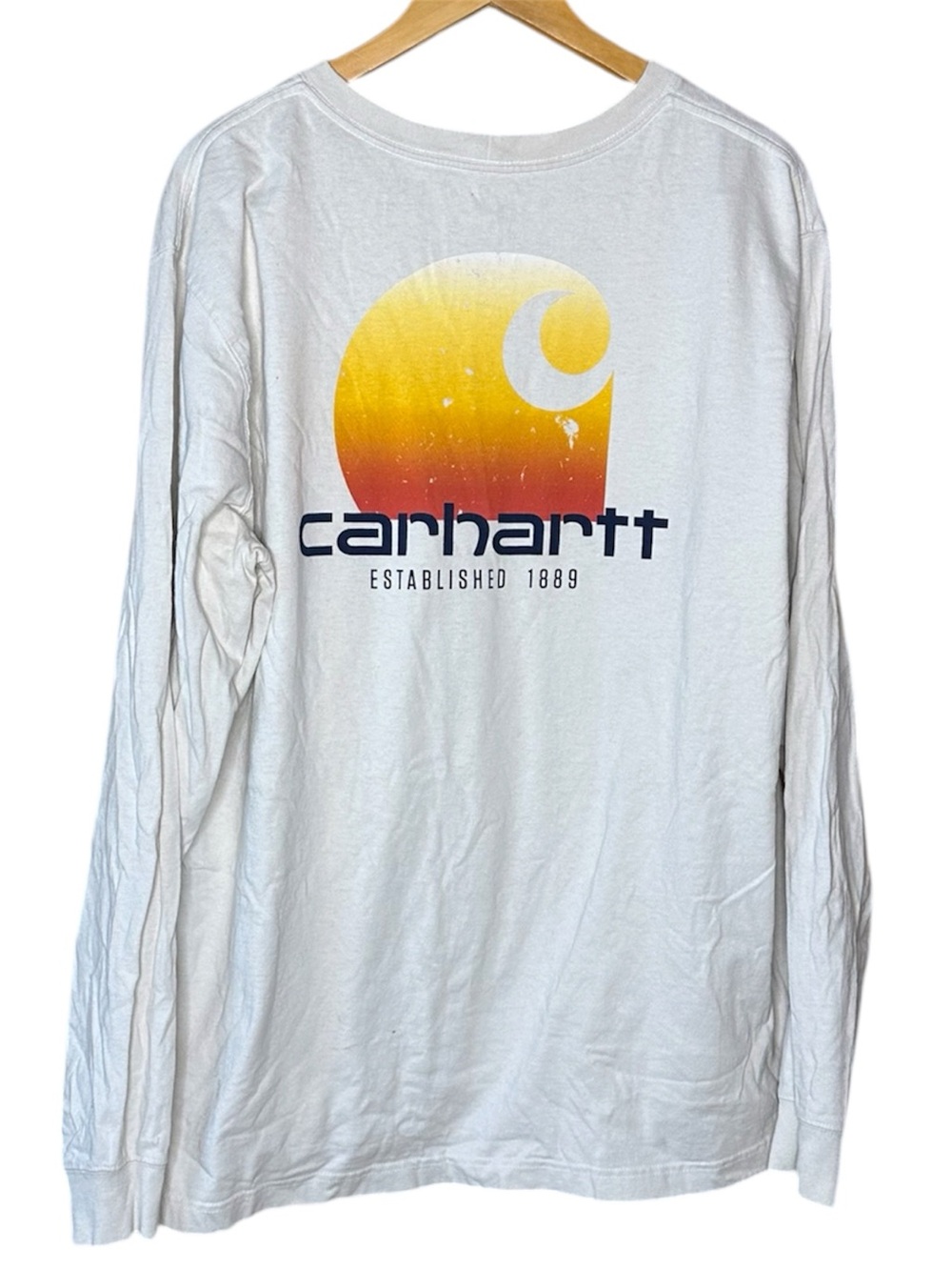 💚Carhartt Long Sleeve Pocket T Shirt XL Beige Relaxed Fit Graphic Logo